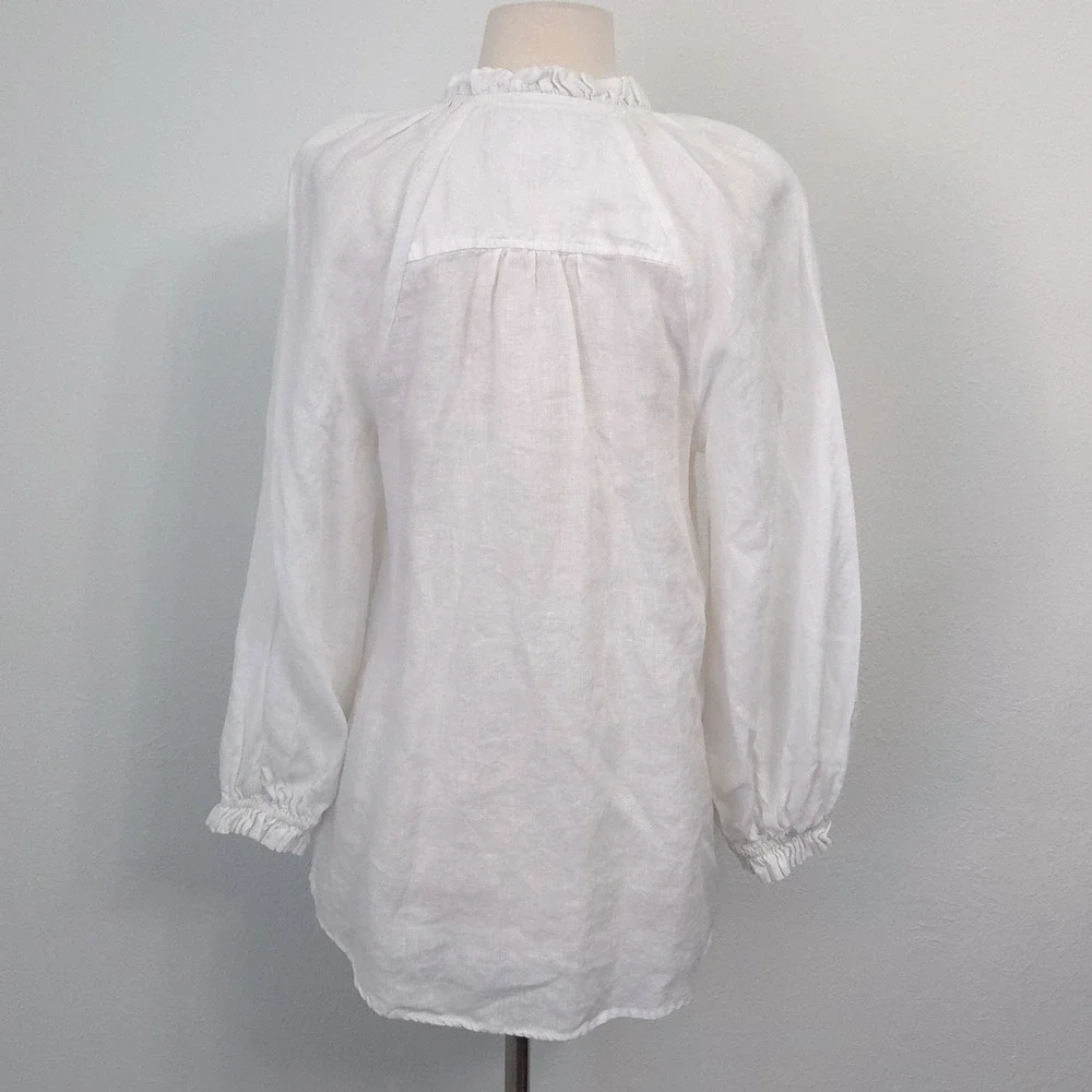 Anthropologie Maeve White Linen Audie Ruffle Puff Long Sleeve Peasant Top- Small